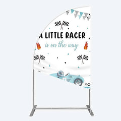 Aperturee - Aperturee A Little Racer is on the Way Half Moon Arch Backdrop Blue Race Car and Checkered Flag Baby Shower Decor