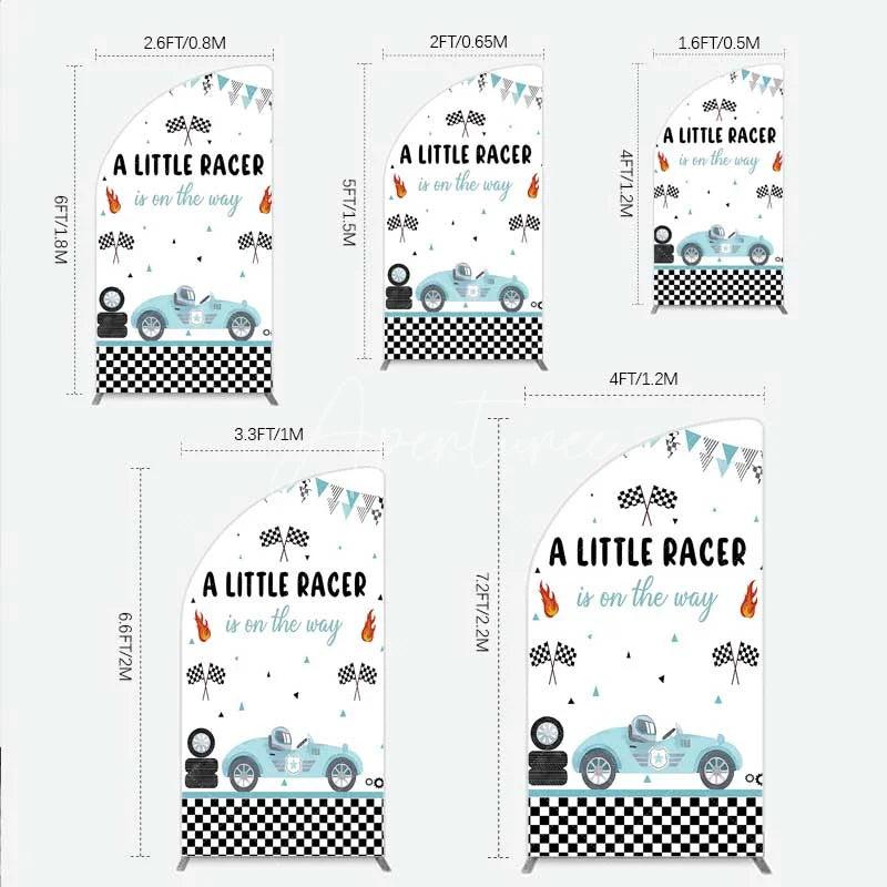 Aperturee - Aperturee A Little Racer is on the Way Half Moon Arch Backdrop Blue Race Car and Checkered Flag Baby Shower Decor