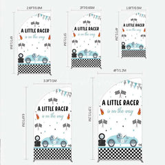 Aperturee - Aperturee A Little Racer is on the Way Half Moon Arch Backdrop Blue Race Car and Checkered Flag Baby Shower Decor