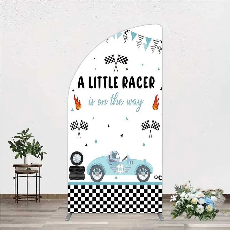 Aperturee - Aperturee A Little Racer is on the Way Half Moon Arch Backdrop Blue Race Car and Checkered Flag Baby Shower Decor