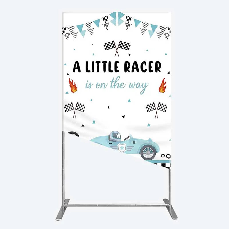 Aperturee - Aperturee A Little Racer is on the Way Rectangle Backdrop Blue Race Car and Checkered Flag Baby Shower Decor