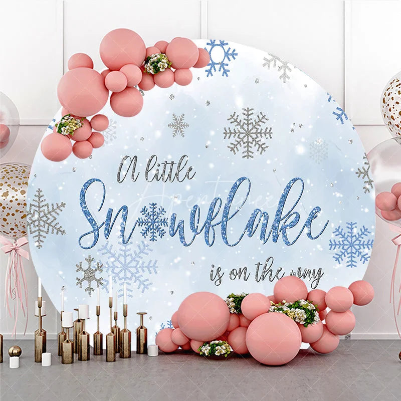 Aperturee - Aperturee A Little Snowflake Is On The Way Round Backdrop Winter Blue Baby Shower Decor