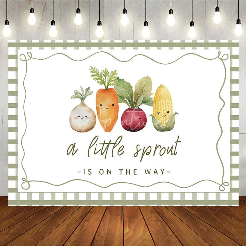 Aperturee - Aperturee A Little Sprout Is On The Way Baby Shower Backdrop Cute Garden Vegetable Green Gingham Party Banner