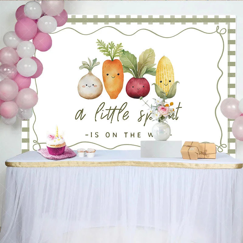 Aperturee - Aperturee A Little Sprout Is On The Way Baby Shower Backdrop Cute Garden Vegetable Green Gingham Party Banner