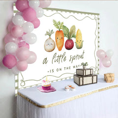 Aperturee - Aperturee A Little Sprout Is On The Way Baby Shower Backdrop Cute Garden Vegetable Green Gingham Party Banner