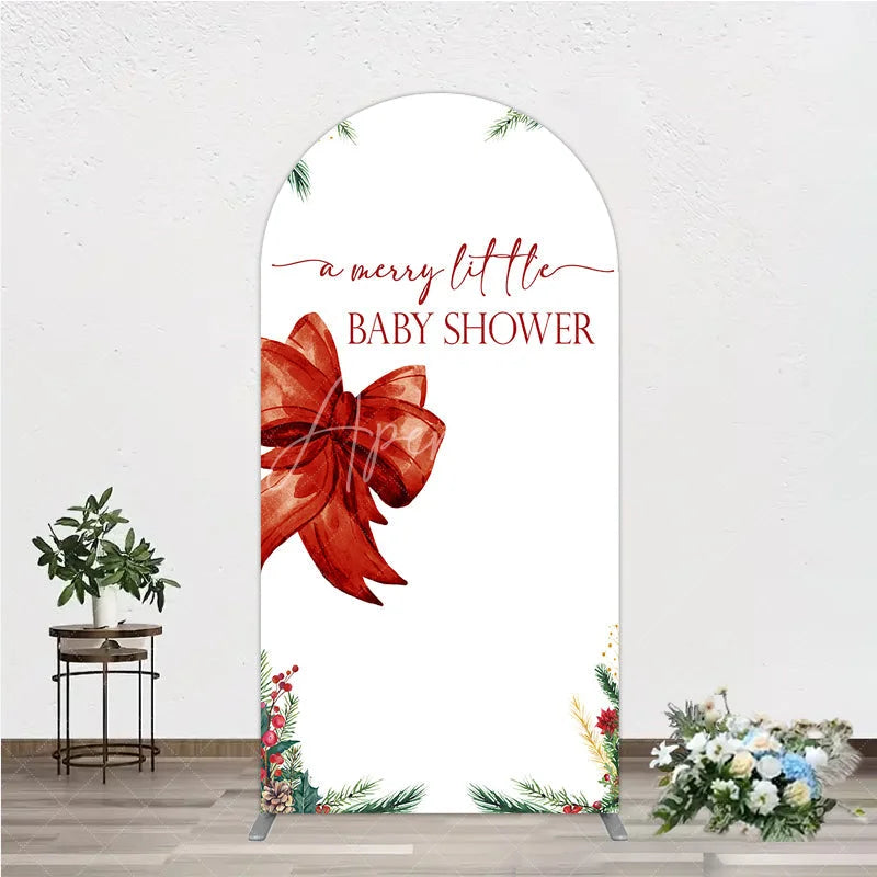 Aperturee - Aperturee A Merry Little Baby Shower Arch Backdrop Christmas Holiday Theme with Red Bow Winter Botanical Party Decor