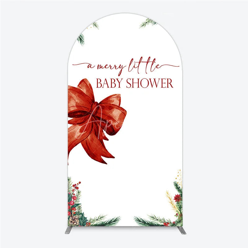 Aperturee - Aperturee A Merry Little Baby Shower Arch Backdrop Christmas Holiday Theme with Red Bow Winter Botanical Party Decor