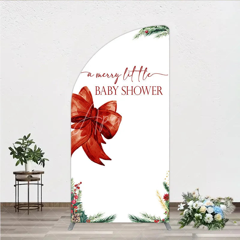 Aperturee - Aperturee A Merry Little Baby Shower Half Moon Arch Backdrop Christmas Holiday Theme with Red Bow Winter Botanical Party Decor
