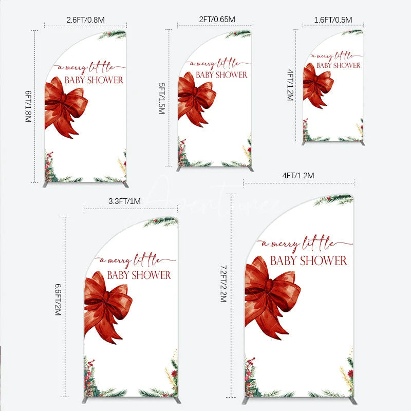 Aperturee - Aperturee A Merry Little Baby Shower Half Moon Arch Backdrop Christmas Holiday Theme with Red Bow Winter Botanical Party Decor
