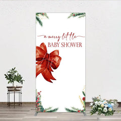 Aperturee - Aperturee A Merry Little Baby Shower Rectangle Backdrop Christmas Holiday Theme with Red Bow Winter Botanical Party Decor