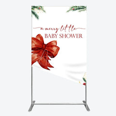 Aperturee - Aperturee A Merry Little Baby Shower Rectangle Backdrop Christmas Holiday Theme with Red Bow Winter Botanical Party Decor