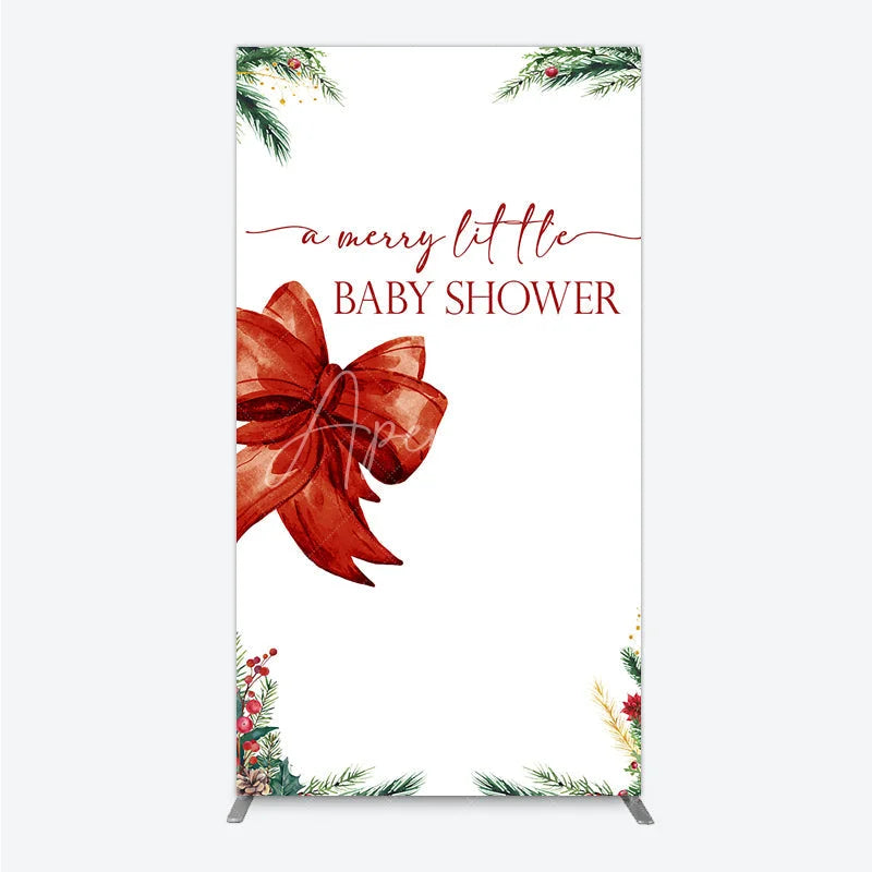 Aperturee - Aperturee A Merry Little Baby Shower Rectangle Backdrop Christmas Holiday Theme with Red Bow Winter Botanical Party Decor