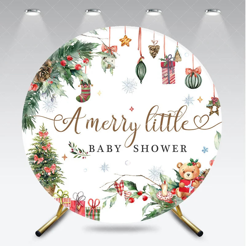 Aperturee - Aperturee A Merry Little Baby Shower Round Backdrop Christmas Teddy Bear Holiday Xmas Tree Party Decor for Winter