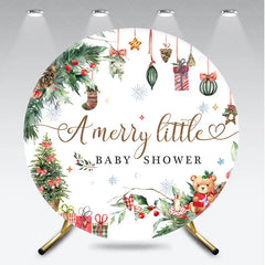 Aperturee - Aperturee A Merry Little Baby Shower Round Backdrop Christmas Teddy Bear Holiday Xmas Tree Party Decor for Winter