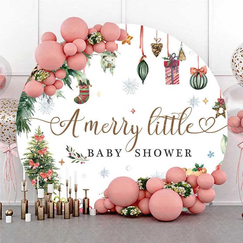 Aperturee - Aperturee A Merry Little Baby Shower Round Backdrop Christmas Teddy Bear Holiday Xmas Tree Party Decor for Winter