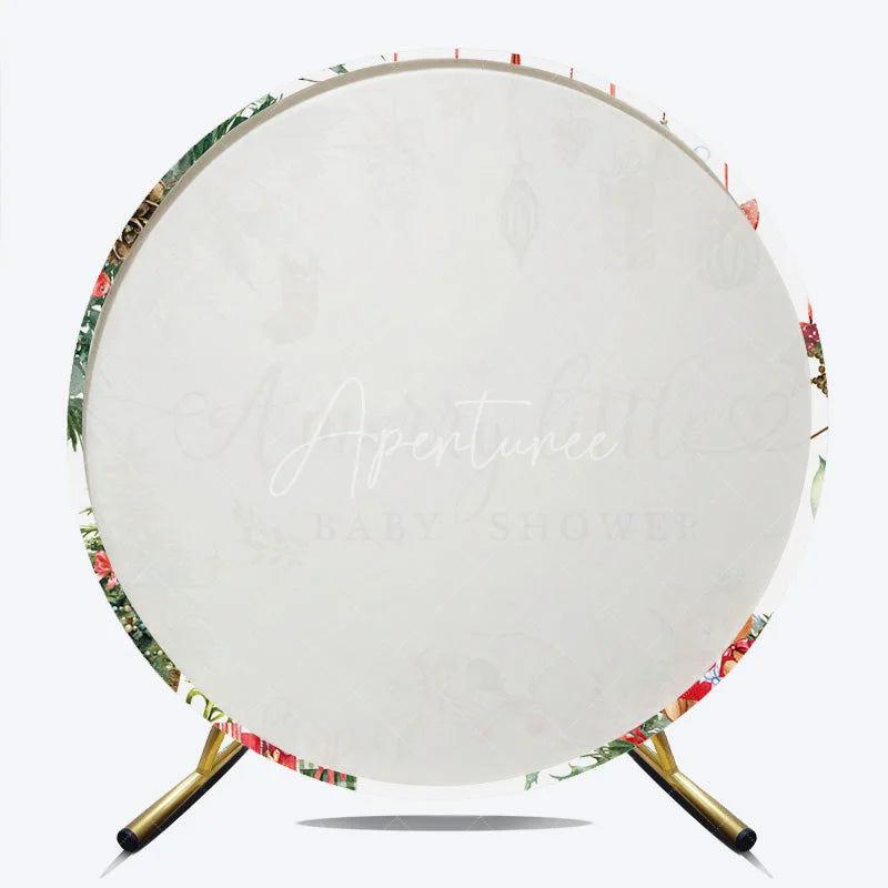 Aperturee - Aperturee A Merry Little Baby Shower Round Backdrop Christmas Teddy Bear Holiday Xmas Tree Party Decor for Winter