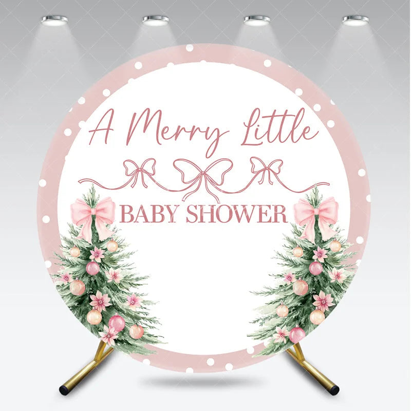 Aperturee - Aperturee A Merry Little Baby Shower Round Backdrop Pink Christmas Tree and Polka Dots Winter Holiday Party for Girl