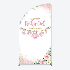 Aperturee - Aperturee A Sweet Baby Girl Is On Her Way Half Moon Arch Backdrop Pink Floral Gold Glitter Shower Decor