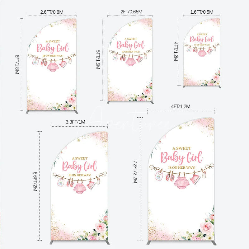 Aperturee - Aperturee A Sweet Baby Girl Is On Her Way Half Moon Arch Backdrop Pink Floral Gold Glitter Shower Decor