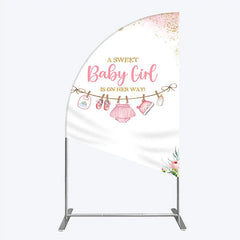 Aperturee - Aperturee A Sweet Baby Girl Is On Her Way Half Moon Arch Backdrop Pink Floral Gold Glitter Shower Decor
