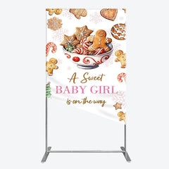 Aperturee - Aperturee A Sweet Baby Girl is on the Way Rectangle Backdrop Christmas Gingerbread Cookie Winter Holiday Baby Shower Decor
