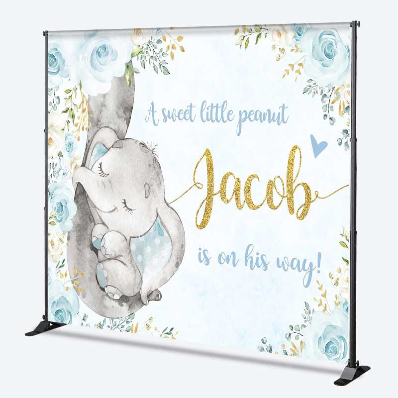 Aperturee Aperturee A Sweet Little Peanut Is On His Way Backdrop Custom Elephant Baby Shower Blue and Gold Floral Welcome Sign Decor