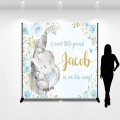Aperturee Aperturee A Sweet Little Peanut Is On His Way Backdrop Custom Elephant Baby Shower Blue and Gold Floral Welcome Sign Decor