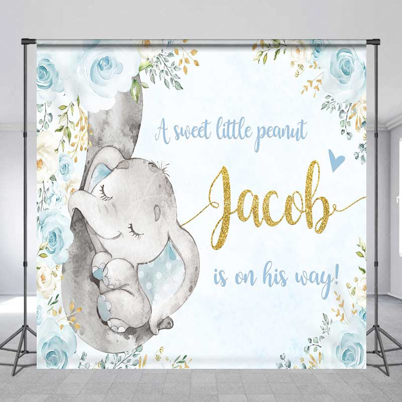 Aperturee Aperturee A Sweet Little Peanut Is On His Way Backdrop Custom Elephant Baby Shower Blue and Gold Floral Welcome Sign Decor