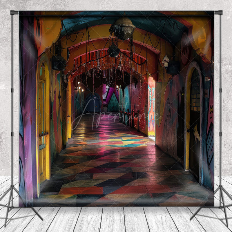 Aperturee - Aperturee Abandoned Funhouse Hallway Photography Backdrop Colorful Graffiti for Grungy Photos Carnival Themed Studio