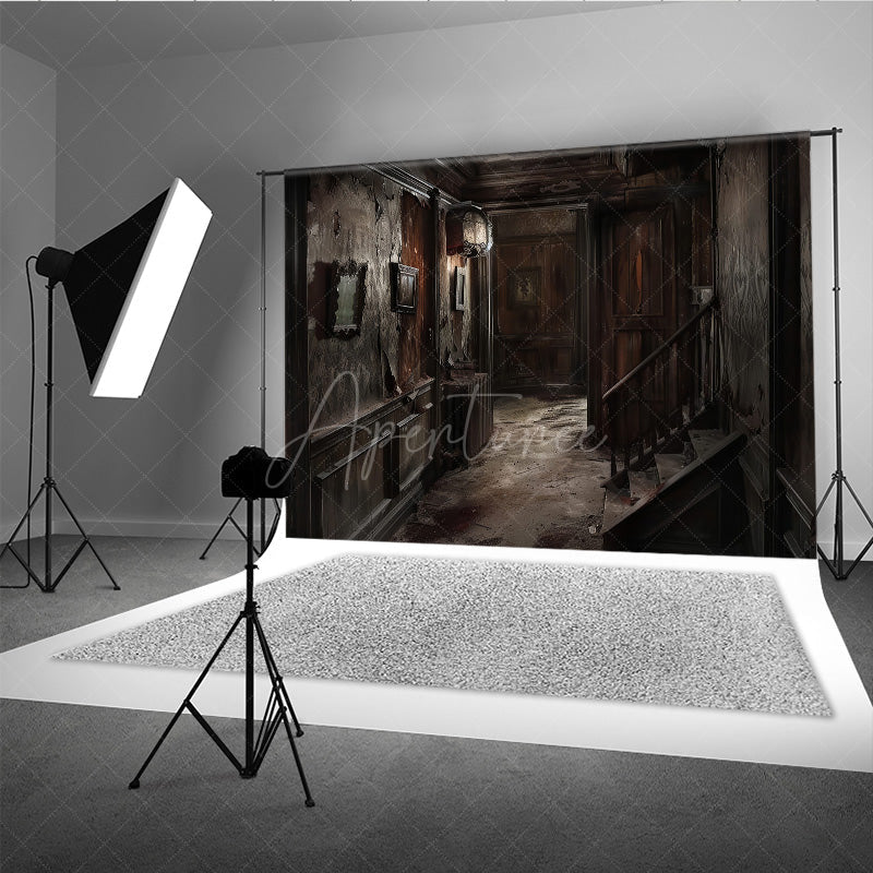 Aperturee - Aperturee Abandoned Haunted Mansion Photography Backdrop Derelict Hallway for Horror Photos Spooky House Interior Studio