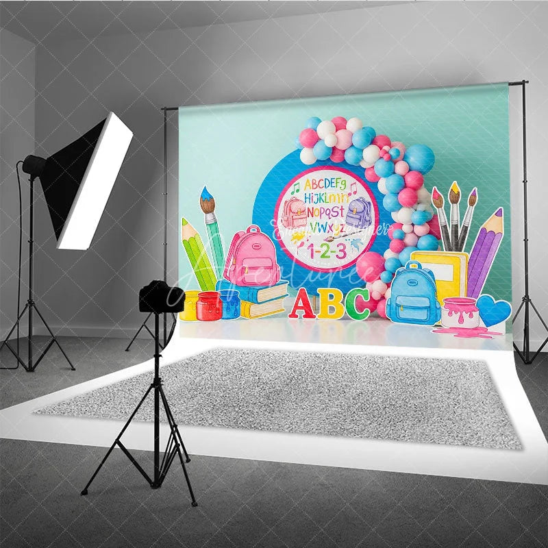 Aperturee - Aperturee ABC 123 Back To School Backdrop Blue Circle Backpacks Paintbrushes Background Preschool Photography Banner