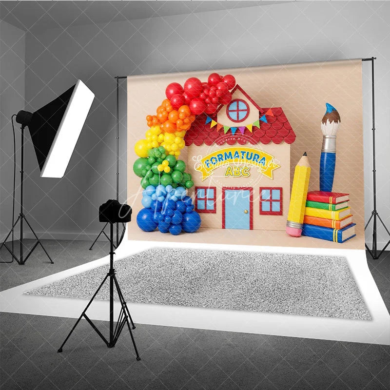 Aperturee - Aperturee ABC Graduation Schoolhouse Backdrop Rainbow Balloons Paintbrush Pencil Background Preschool Photography Prop