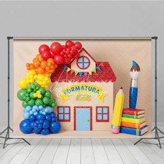Aperturee - Aperturee ABC Graduation Schoolhouse Backdrop Rainbow Balloons Paintbrush Pencil Background Preschool Photography Prop