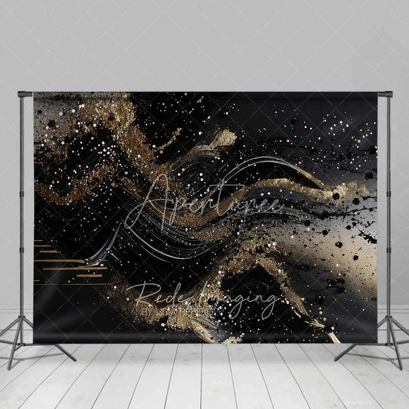 Aperturee - Aperturee Abstract Black and Gold Fluid Waves Backdrop Glitter Art Photography Background Elegant Party Decorations
