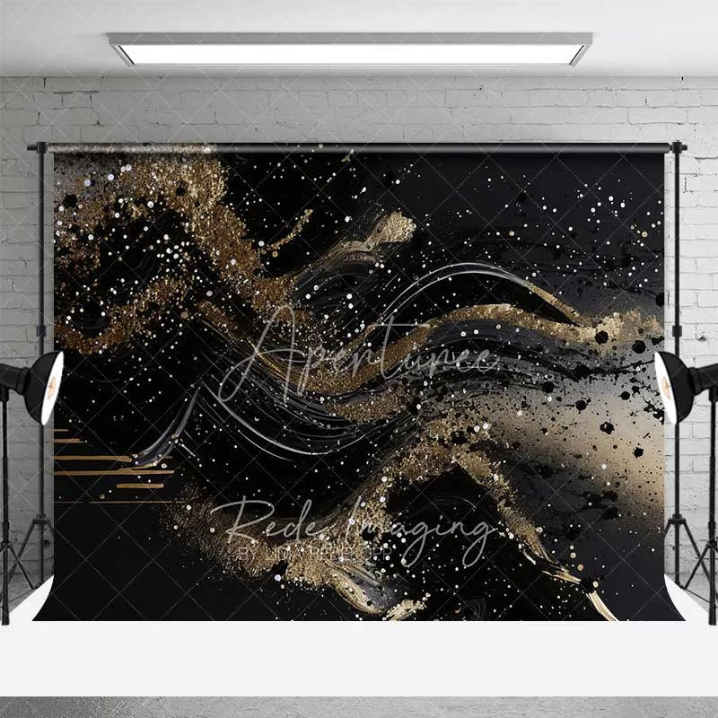 Aperturee - Aperturee Abstract Black and Gold Fluid Waves Backdrop Glitter Art Photography Background Elegant Party Decorations
