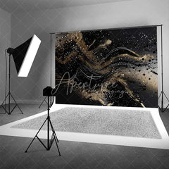 Aperturee - Aperturee Abstract Black and Gold Fluid Waves Backdrop Glitter Art Photography Background Elegant Party Decorations