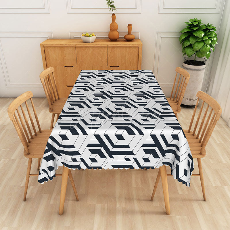 Aperturee - Aperturee Abstract Black and White Geometric Rectangle Tablecloth for Modern and Contemporary Dining Room Decor