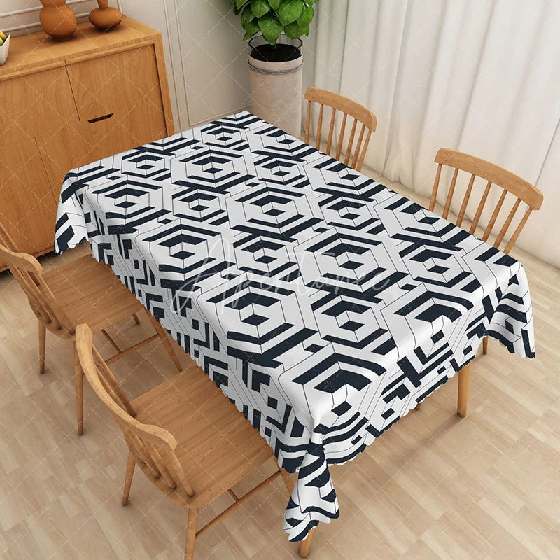 Aperturee - Aperturee Abstract Black and White Geometric Rectangle Tablecloth for Modern and Contemporary Dining Room Decor