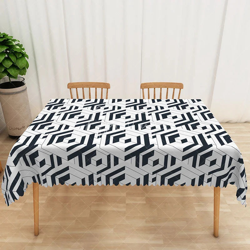 Aperturee - Aperturee Abstract Black and White Geometric Rectangle Tablecloth for Modern and Contemporary Dining Room Decor