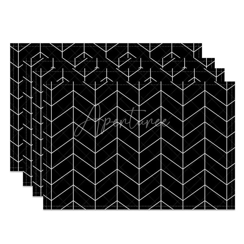 Aperturee - Aperturee Abstract Black and White Lines Pattern Set of 4 Placemats Modern Minimalist Design for Contemporary Dining