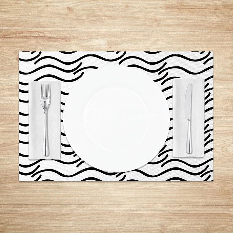 Aperturee - Aperturee Abstract Black and White Water Ripples Set of 4 Placemats Modern Zen Inspired Design for Dining Table