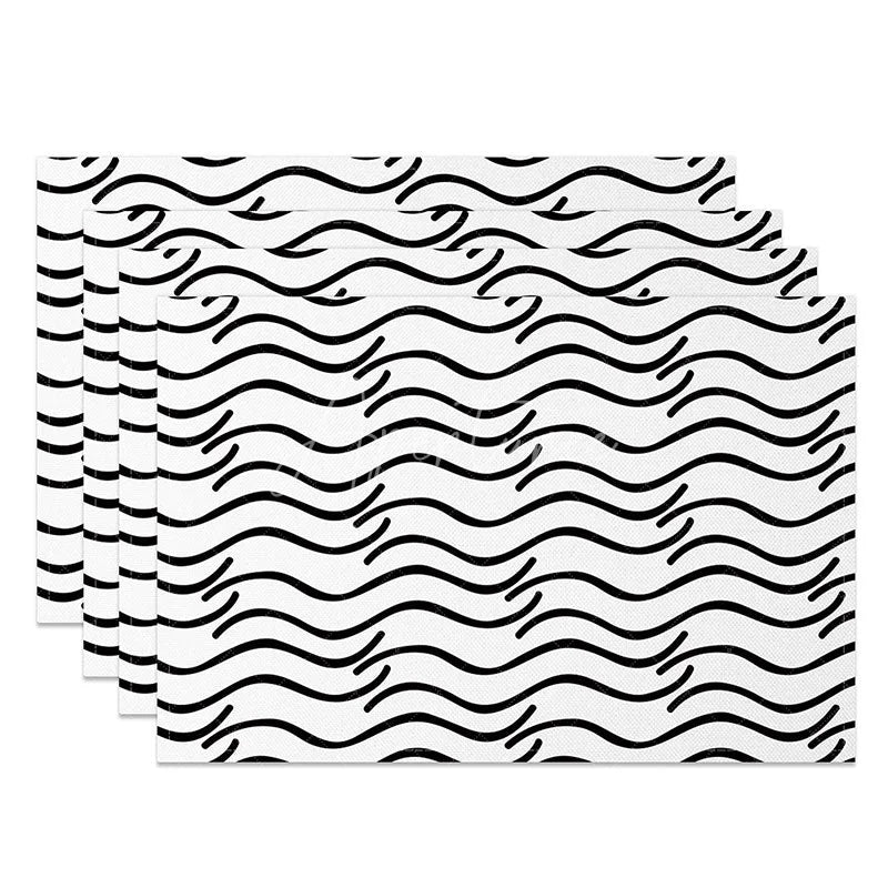 Aperturee - Aperturee Abstract Black and White Water Ripples Set of 4 Placemats Modern Zen Inspired Design for Dining Table