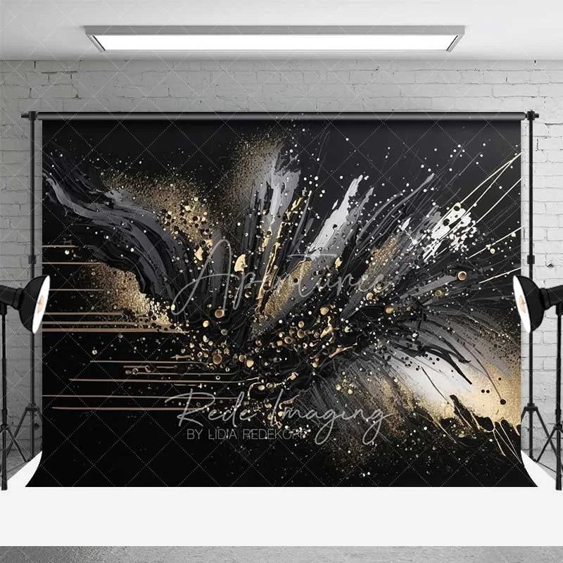Aperturee - Aperturee Abstract Black Gold Splatter Fine Art Backdrop Thick Paint Strokes Studio Portrait Photography Background