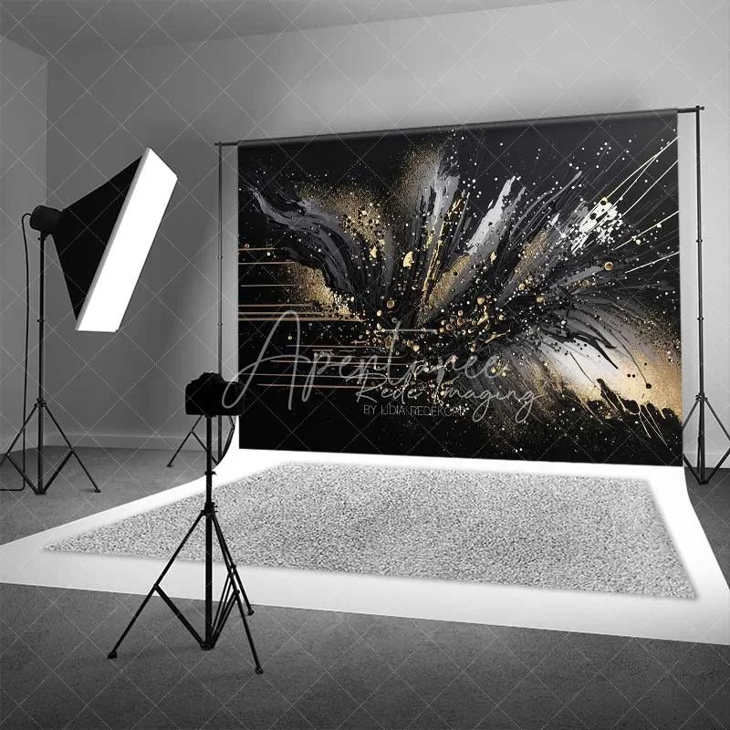 Aperturee - Aperturee Abstract Black Gold Splatter Fine Art Backdrop Thick Paint Strokes Studio Portrait Photography Background