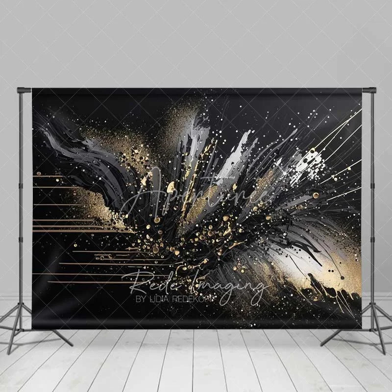 Aperturee - Aperturee Abstract Black Gold Splatter Fine Art Backdrop Thick Paint Strokes Studio Portrait Photography Background