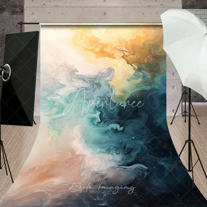 Aperturee - Aperturee Abstract Blue and Gold Oil Paint Sweep Backdrop Artistic Texture for Professional Photography