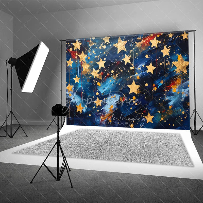 Aperturee - Aperturee Abstract Blue and Gold Stars Photography Backdrop Artistic Brushstroke Celebration Party Decor