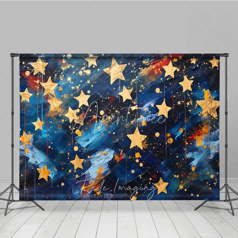 Aperturee - Aperturee Abstract Blue and Gold Stars Photography Backdrop Artistic Brushstroke Celebration Party Decor