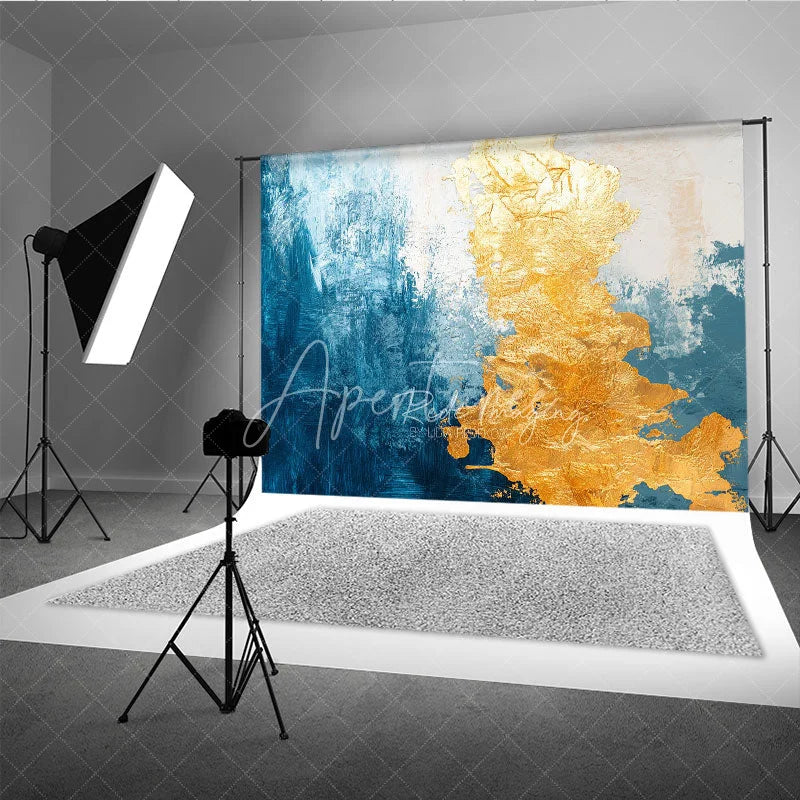 Aperturee - Aperturee Abstract Blue and Gold Textured Photography Backdrop with Artistic Brushstrokes Modern Studio Portrait Background