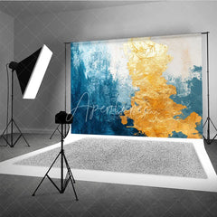 Aperturee - Aperturee Abstract Blue and Gold Textured Photography Backdrop with Artistic Brushstrokes Modern Studio Portrait Background